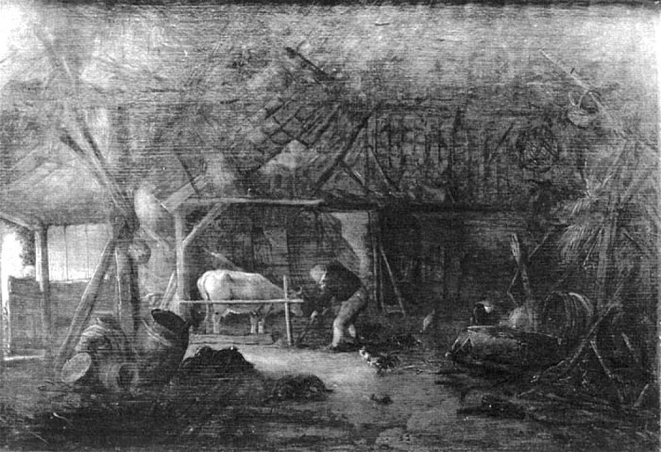 I. van Ostade - Interieur van een stal met twee boeren en een koe - NK1592 - Cultural Heritage Agency of the Netherlands Art Collection