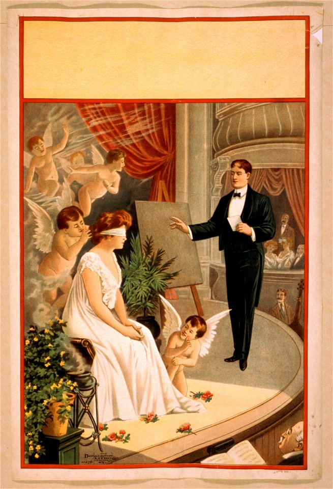 Hypnotist and blindfolded woman with angels on stage LCCN2014636868