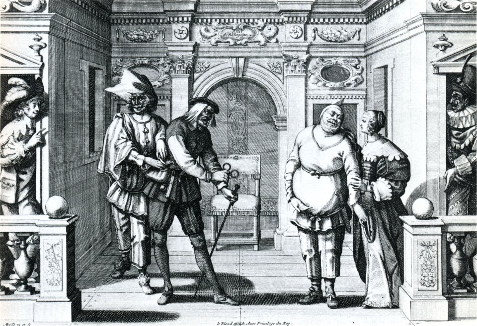 Hôtel de Bourgogne - stage set - engraving by Abraham Bosse 1634 - Oxford Companion Plate 35