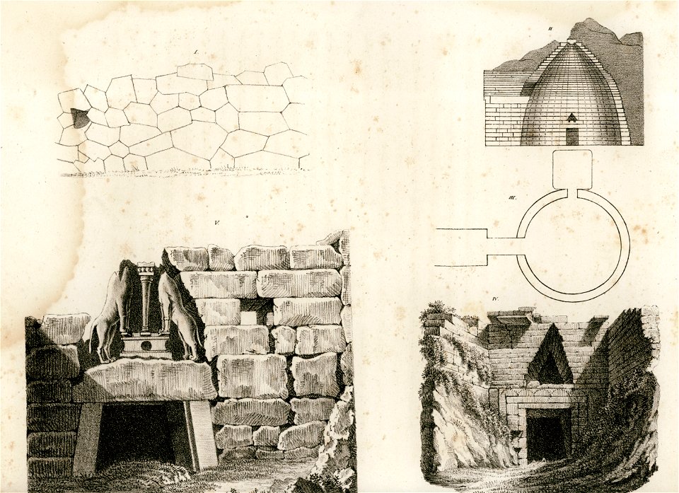 I Mauer der Burg Larissa in Argolis II und III Durchschnitt und Grundriss von dem Schaltzhauses des Atreus zu Mykenä IV - Horner Johann Jakob - 1823