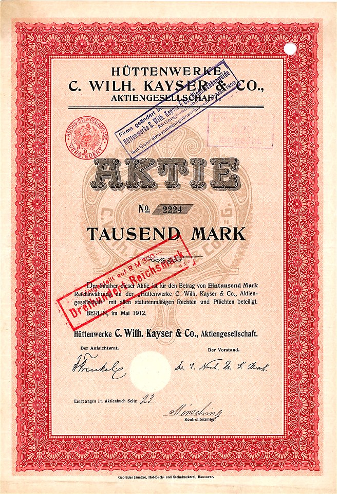 Hüttenwerke C. Wilh. Kayser & Co AG 1912 1000 Mk