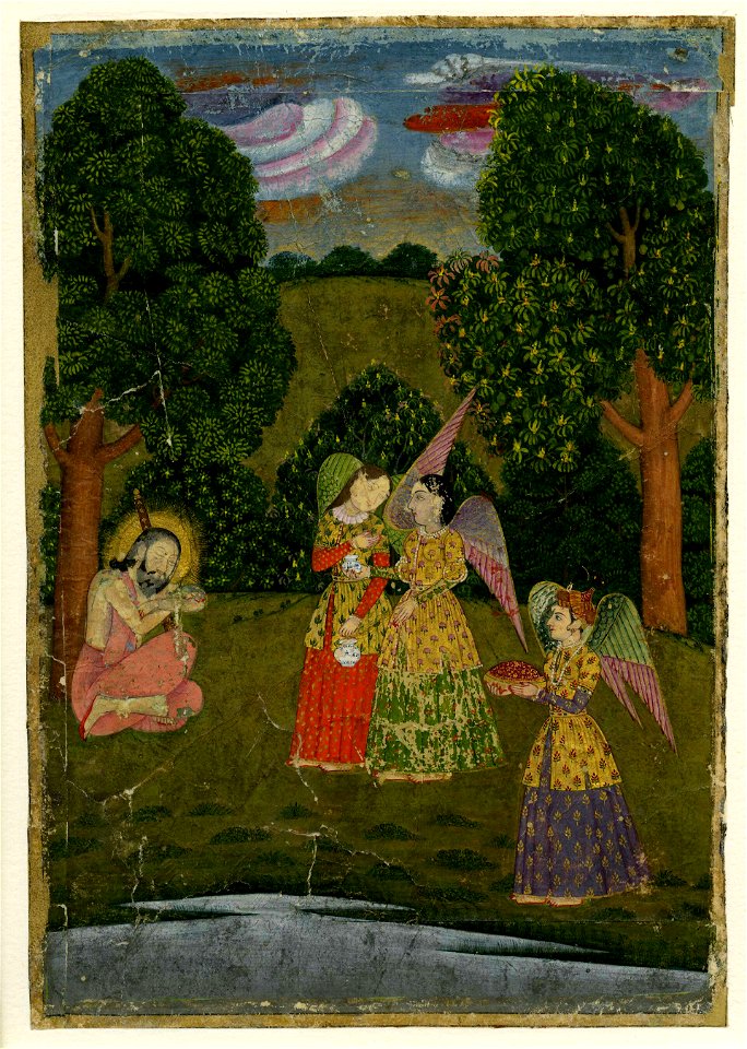 Ibráhím Adham sitting beneath a tree and receiving three angels bearing gifts.
