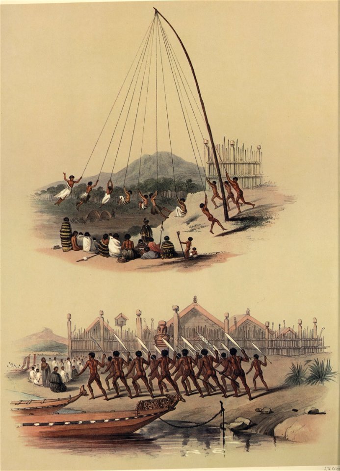 I. NATIVE SWING. II. WAR DANCE, BEFORE THE PAH OF OINEMUTU NEAR ROTURUA LAKE, The New Zealanders Illustrated, 1847