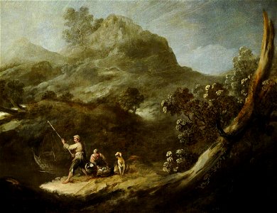 Ignacio de Iriarte (1621-1670) (attributed to) - Rocky Wooded Landscape with Two Fisher Boys and a Dog - 959426 - National Trust. Free illustration for personal and commercial use.