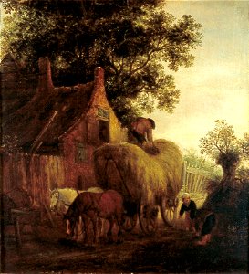 I. van Ostade - Boeren die een hooiwagen uitladen - NK1861 - Cultural Heritage Agency of the Netherlands Art Collection. Free illustration for personal and commercial use.