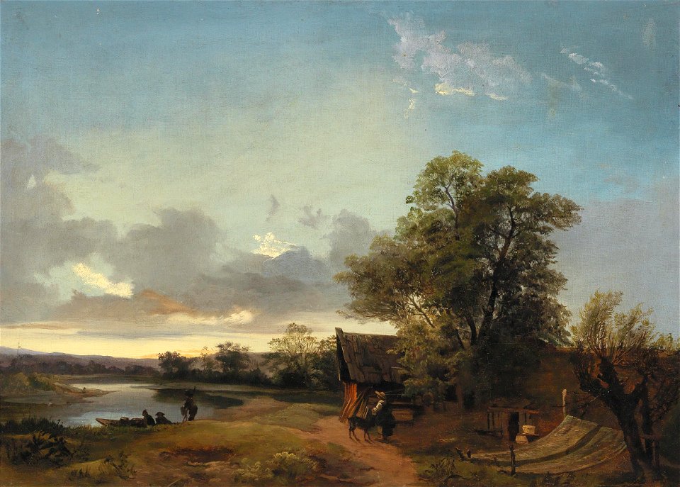 Ignaz Raffalt - River Landscape in the Evening Light with decorative figures