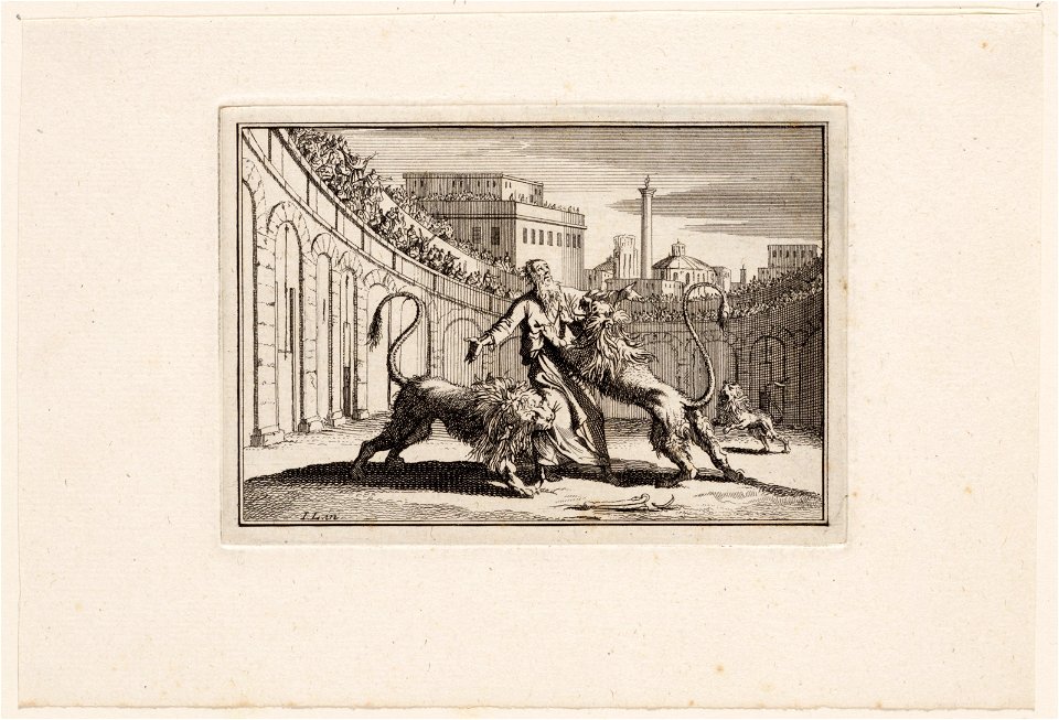 Ignativs, bisschop van Antiochien, te Rome, inde schouwplaats, voor de leeuwen geworpen, objectnr A 47755