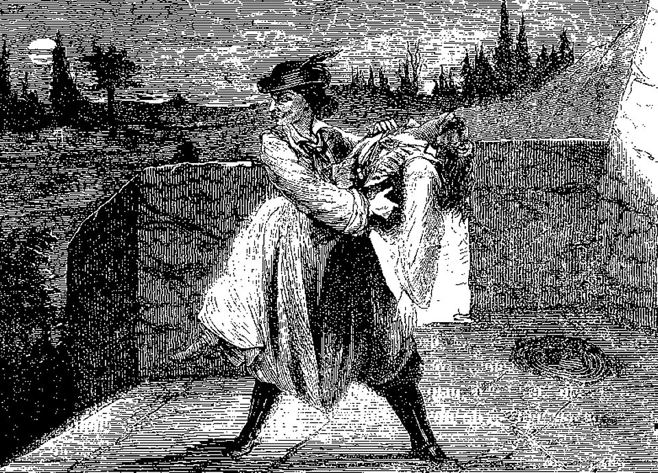 Il traîna le cadavre jusqu'a la galerie et le lança dans le gouffre (Pierre Zaccone, La Lanterne rouge, 1873)