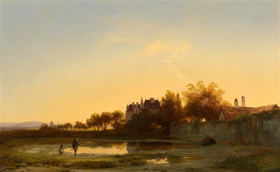 Ignaz Raffalt - Angler in the evening light by the castle pond