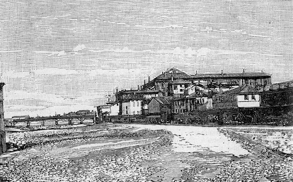 Il torrente Parma con vista del Palazzo Farnese e del Ponte Verde (xilografia)