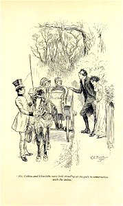 Illustration by C E Brock for Pride and Prejudice - Mr. Collins and Charlotte were both standing at the gate in conversation with the ladies. Free illustration for personal and commercial use.