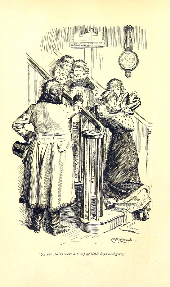 Illustration by C E Brock for Pride and Prejudice - On the stairs were a troop of little boys and girls