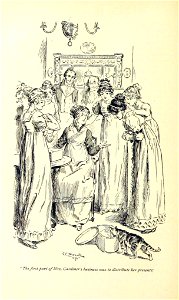 Illustration by C E Brock for Pride and Prejudice - The first part of Mrs. Gardiner's business was to distribute her presents. Free illustration for personal and commercial use.