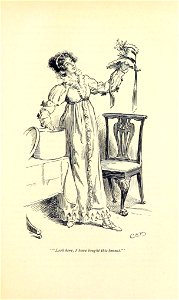 Illustration by C E Brock for Pride and Prejudice - Look here, I have bought this bonnet