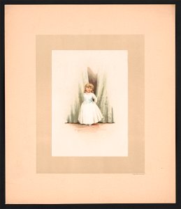 Illustration for Baby's Lullaby Book ... by Charles Stuart Pratt showing a young girl wearing a dress, standing in front of curtains LCCN2017650209. Free illustration for personal and commercial use.