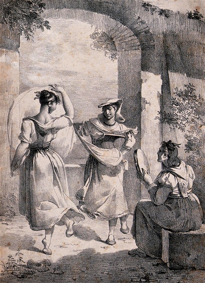 Il saltarello (Two women dance as another plays the tambourine) - Lithograph by Hortense Lescot, Wellcome