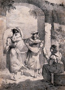 Il saltarello (Two women dance as another plays the tambourine) - Lithograph by Hortense Lescot, Wellcome