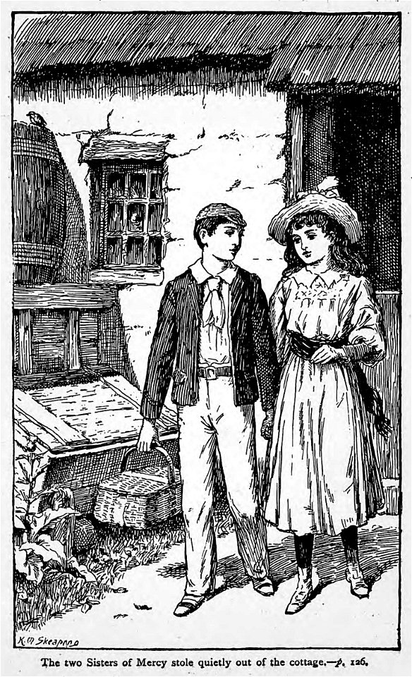 Illustrations by K. M. Skeaping for the Holiday Prize by E. D. Adams-pg-126-The two Sisters of Mercy stole quietly out of the cottage