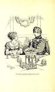 Illustration by C E Brock for Pride and Prejudice - He looked surprised, displeased, alarmed. Free illustration for personal and commercial use.