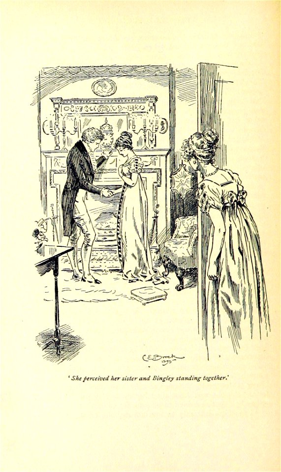Illustration by C E Brock for Pride and Prejudice - She perceived her sister and Bingley standing together