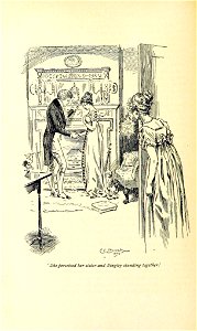 Illustration by C E Brock for Pride and Prejudice - She perceived her sister and Bingley standing together. Free illustration for personal and commercial use.