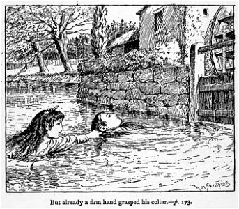 Illustrations by K. M. Skeaping for the Holiday Prize by E. D. Adams-pg-173-But already a firm hand grasped his collar