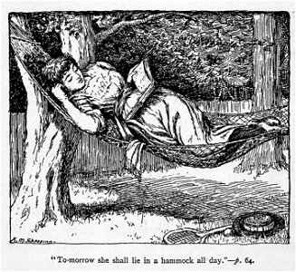 Illustrations by K. M. Skeaping for the Holiday Prize by E. D. Adams-pg-064-To-morrow she shall lie in a hammock all day. Free illustration for personal and commercial use.