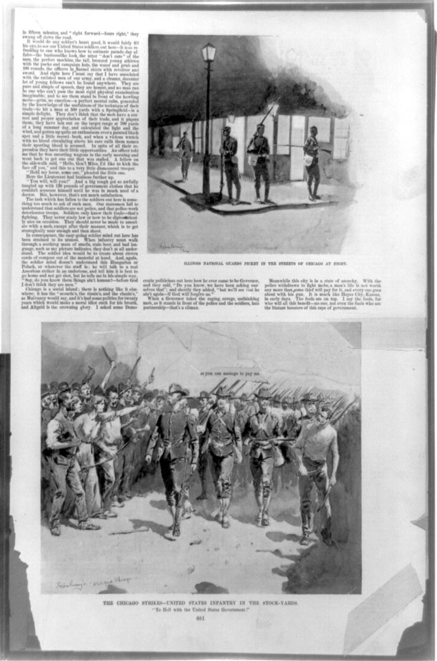 Illinois National Guards picket in the streets of Chicago at night - - Frederic Remington. The Chicago strikes-United States infantry in the stock-yards - Frederic Remington LCCN89708508