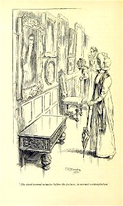 Illustration by C E Brock for Pride and Prejudice - She stood several minutes before the picture, in earnest contemplation. Free illustration for personal and commercial use.