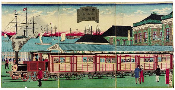 Illustration of the Steam Train Railroad between Tokyo and Yokohama