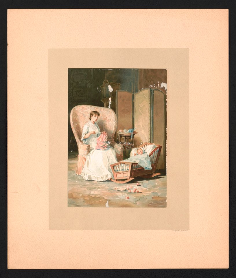 Illustration possibly for Baby's Lullaby Book ... by Charles Stuart Pratt showing a mother sitting in a chair, sewing, while an infant sleeps in a cradle at her feet LCCN2017650208