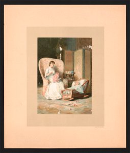 Illustration possibly for Baby's Lullaby Book ... by Charles Stuart Pratt showing a mother sitting in a chair, sewing, while an infant sleeps in a cradle at her feet LCCN2017650208