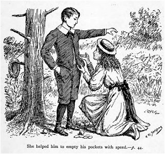 Illustrations by K. M. Skeaping for the Holiday Prize by E. D. Adams-pg-044-She helped him to empty his pockets with speed. Free illustration for personal and commercial use.