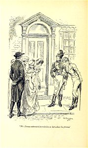 Illustration by C E Brock for Pride and Prejudice - Mr. Denny entreated permission to introduce his friend. Free illustration for personal and commercial use.