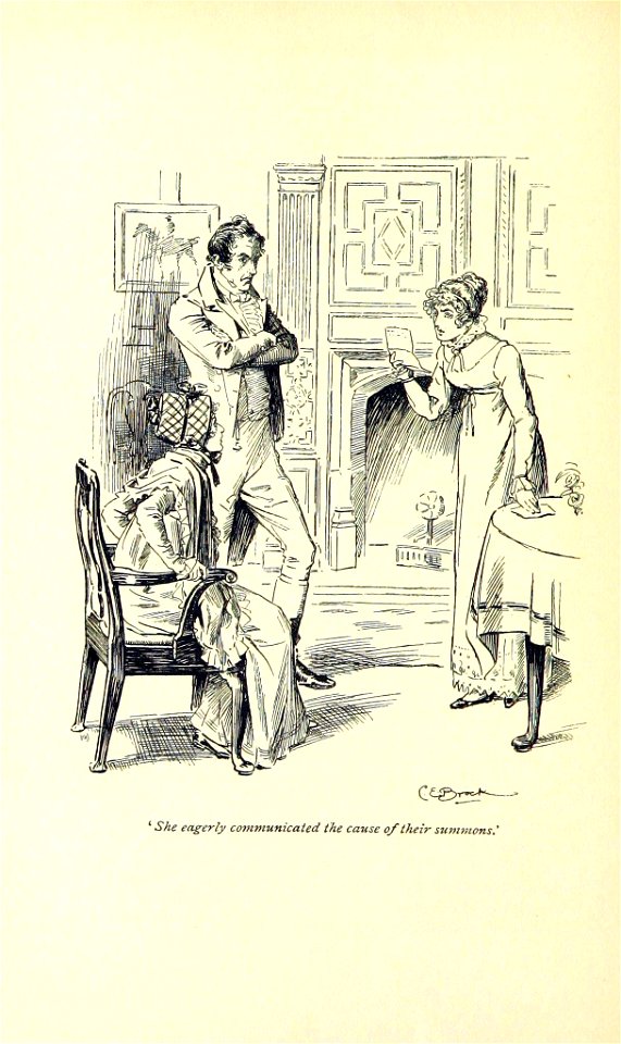 Illustration by C E Brock for Pride and Prejudice - She eagerly communicated the cause of their summons