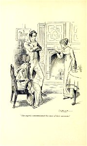 Illustration by C E Brock for Pride and Prejudice - She eagerly communicated the cause of their summons. Free illustration for personal and commercial use.