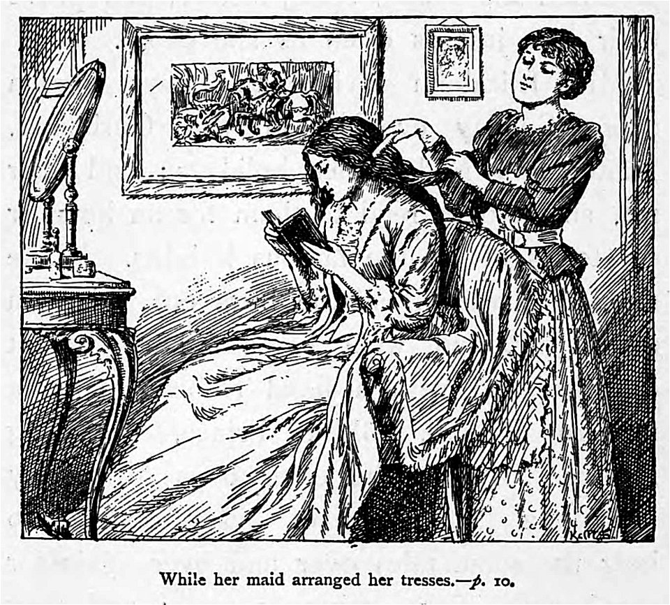 Illustrations by K. M. Skeaping for the Holiday Prize by E. D. Adams-pg-010-While her maid arranged her tresses