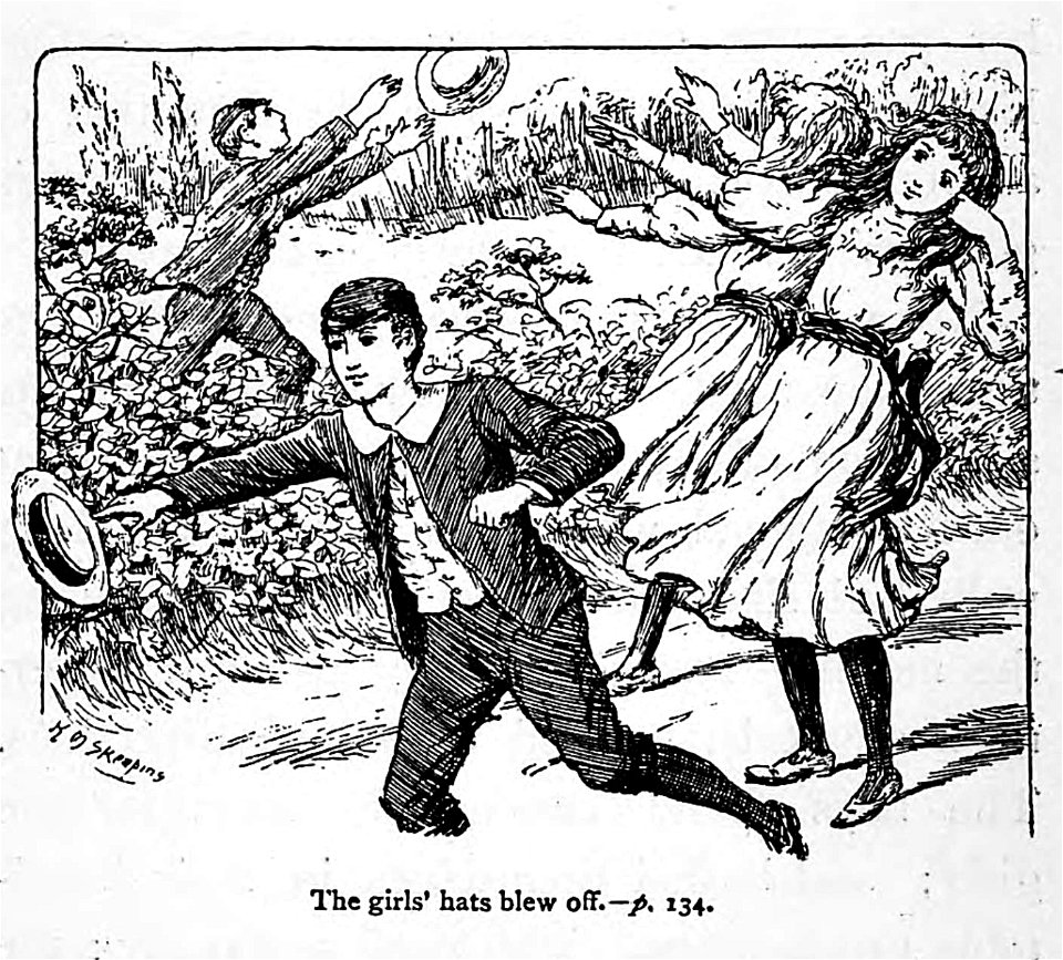 Illustrations by K. M. Skeaping for the Holiday Prize by E. D. Adams-pg-134-The girls' hats blew off