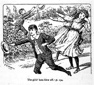 Illustrations by K. M. Skeaping for the Holiday Prize by E. D. Adams-pg-134-The girls' hats blew off