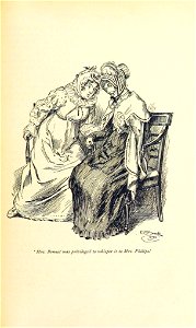 Illustration by C E Brock for Pride and Prejudice - Mrs. Bennet was privileged to whisper it to Mrs. Philips. Free illustration for personal and commercial use.