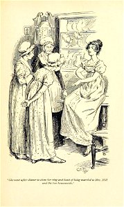 Illustration by C E Brock for Pride and Prejudice - She went after dinner to show her ring and boast of being married to Mrs. Hill and the two housemaids. Free illustration for personal and commercial use.