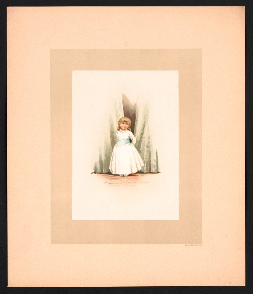 Illustration for Baby's Lullaby Book ... by Charles Stuart Pratt showing a young girl wearing a dress, standing in front of curtains LCCN2017650209