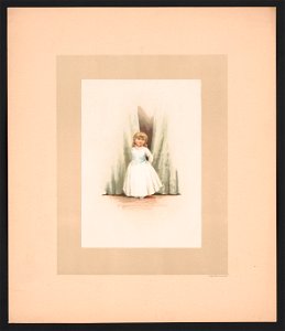Illustration for Baby's Lullaby Book ... by Charles Stuart Pratt showing a young girl wearing a dress, standing in front of curtains LCCN2017650209