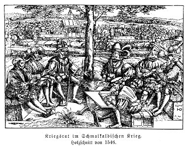 Illustrierte Geschichte d. sächs. Lande Bd. II Abt. 1 - 035 - Kriegsrat im Schmalkaldischen Krieg. Free illustration for personal and commercial use.