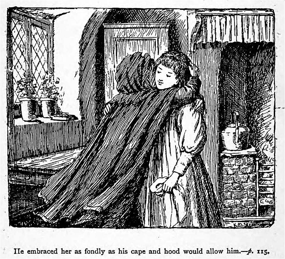 Illustrations by K. M. Skeaping for the Holiday Prize by E. D. Adams-pg-115-He embraced her as fondly as his cape and hood would allow him