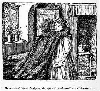 Illustrations by K. M. Skeaping for the Holiday Prize by E. D. Adams-pg-115-He embraced her as fondly as his cape and hood would allow him. Free illustration for personal and commercial use.