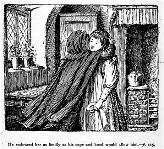Illustrations by K. M. Skeaping for the Holiday Prize by E. D. Adams-pg-115-He embraced her as fondly as his cape and hood would allow him