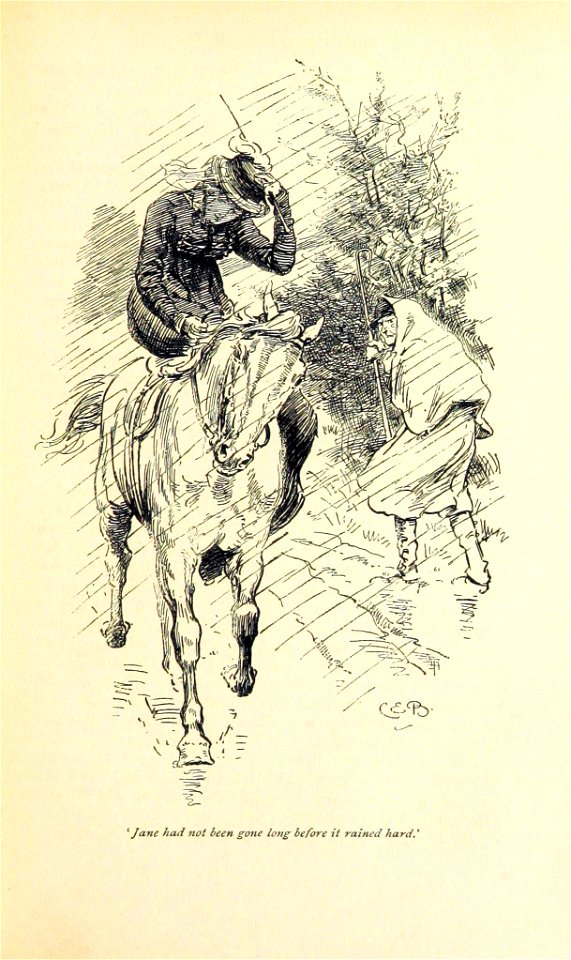 Illustration by C E Brock for Pride and Prejudice - Jane had not been gone long before it rained hard
