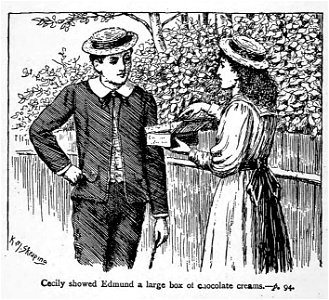 Illustrations by K. M. Skeaping for the Holiday Prize by E. D. Adams-pg-094-Cecily showed Edmund a large box of chocolate creams. Free illustration for personal and commercial use.