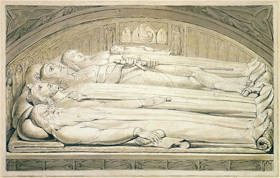 Illustrations to Robert Blair's The Grave , object 6 The Counseller, King, Warrior, Mother & Child, in the Tomb
